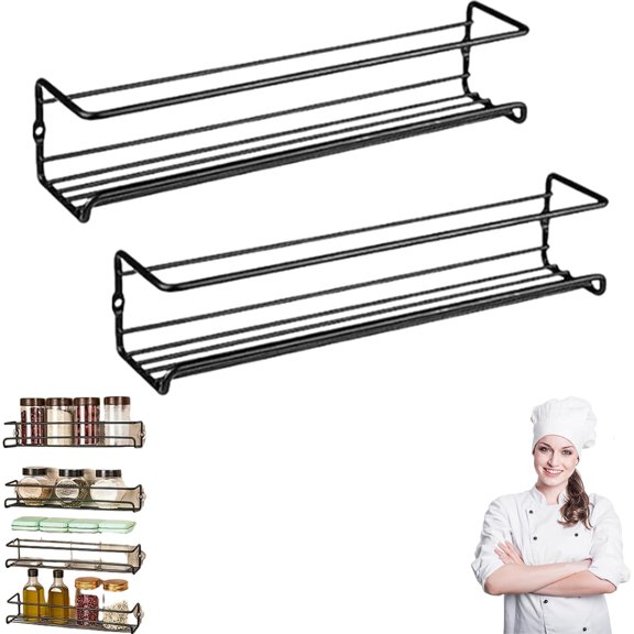 No-Drill Wall-Mounted Spice Rack, Carbon Steel Wall-Mounted Kitchen Spice Rack, Kitchen Hanging Condiments Storage, Wall-Mounted Spice Rack for Cabinet Door Storage, For Kitchen Organization(wwx)