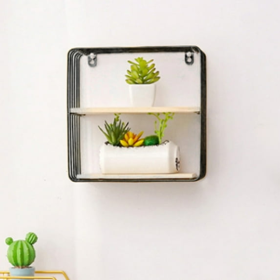 No-Drill Wall Mounted Storage Shelf | Double Layer Iron & Wood Rack for Living Room & Bedroom | Gold or Black 25x25x12cm Modern Wall Decor