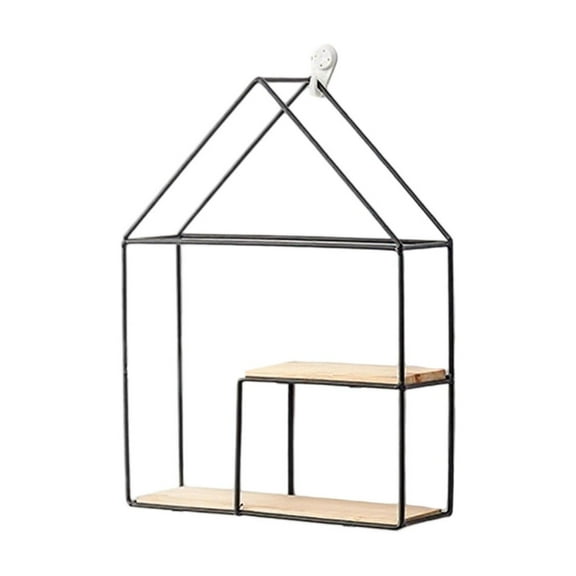 No-Drill Wall Mounted Storage Shelf | Double Layer Small House Design | Iron & Solid Wood | Gold or Black | 32.5x24.5x8cm | Living Room & Bedroom Decor