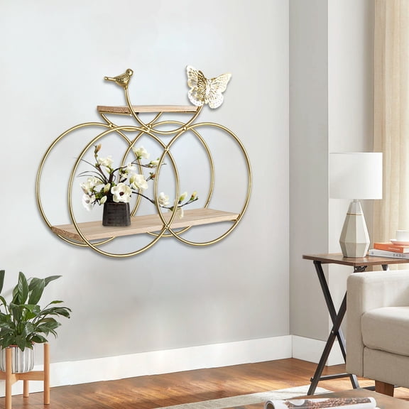 No-Drill Wall Shelf - Metal Floating Storage Rack for Living Room, Wall-Mounted Organizer with Hooks, Rustic Home Decor (Yellow)