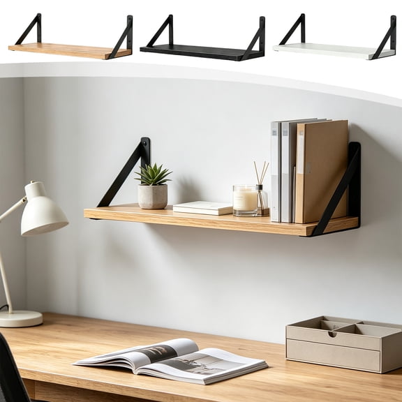 No-Drill Wall Shelf Wooden Floating Shelf 15.75x5.91 Inches Bedside Projector Router Shelf Wall Mounted Bookshelf for Living Room Study – Heavy Duty Triangle Support