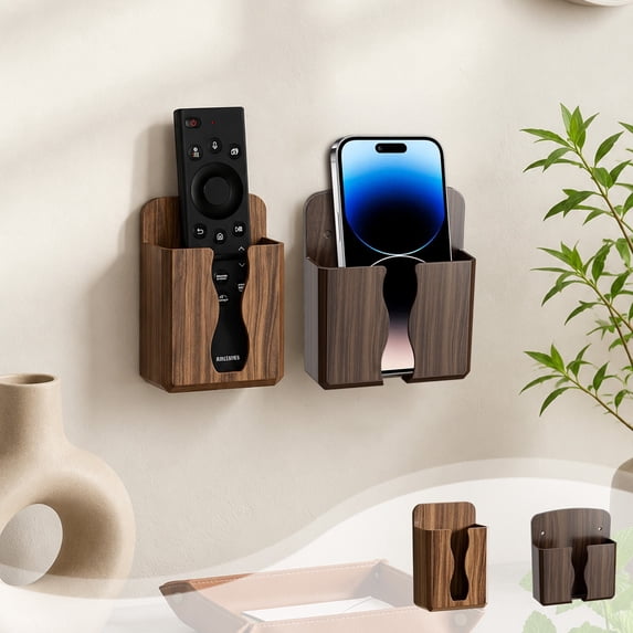 No-Drill Wood Grain Wall-Mounted Phone Charging Stand and Remote Control Storage Organizer