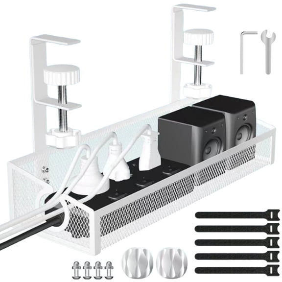 No Drilling Extendable Under Desk Box Tray and Cord Organizer Clamp Mount Computer Desk Wire Organizer,1 * Under Desk Box Tray with accessories,White
