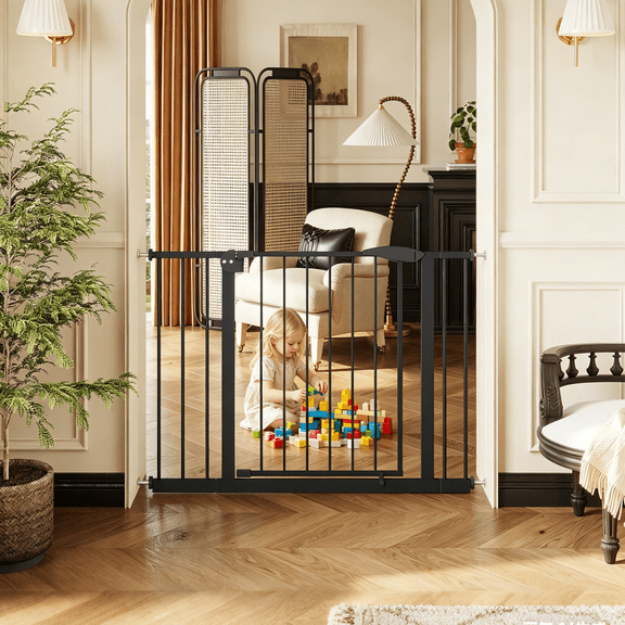No Drilling Pressure Mounted Gate for Stairs, 29.5-44.1 Wide Walk Through Safety Gate for Doorways, and Pets, Black