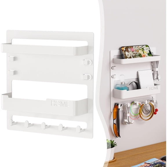 No-Drilling Wall Mount Bedside Shelf, Wall Nightstand Organizer with 5 Hooks & Cable Clips, Small Floating Shelf for Phone, Remote Control, Headphones for Dorm Room RV(white)Q