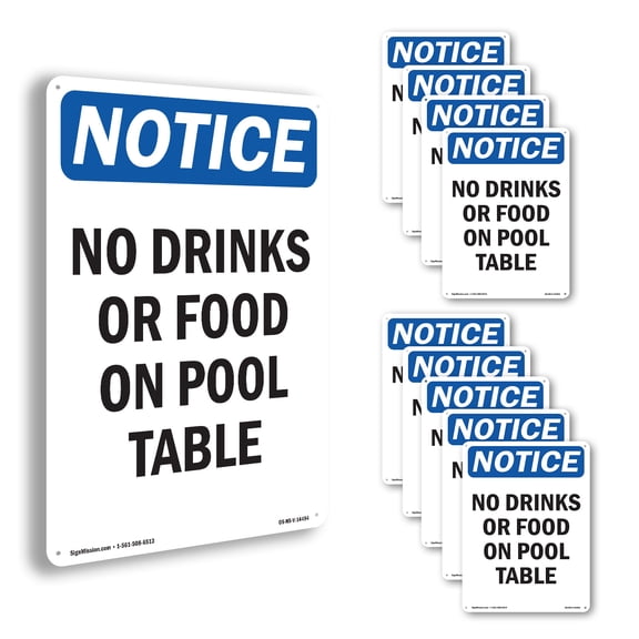 No Drinks Or Food On Pool Table OSHA Notice Aluminum Sign 10 Inch x 7 Inch - 10 Pack