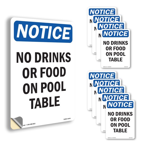 No Drinks Or Food On Pool Table OSHA Notice Vinyl Decal Label 14 Inch x 10 Inch - 10 Pack