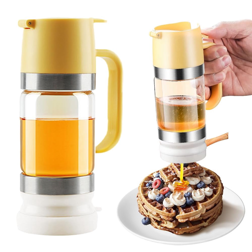 No-Drip Honey Dispenser,Honey Dispenser No Drip with Base, Maple Syrup Dispenser, 9 OZ Honey Jar with Handle, Syrup Dispenser for Coffee, Tea
