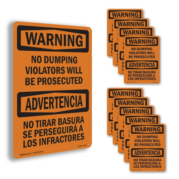 No Dumping Violators Prosecuted Bilingual OSHA WARNING Aluminum Sign 14 Inch x 10 Inch - 10 Pack