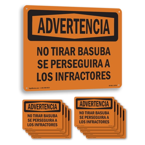 No Dumping Violators Prosecuted Spanish OSHA WARNING Rigid Plastic Sign 10 Inch x 7 Inch - 10 Pack