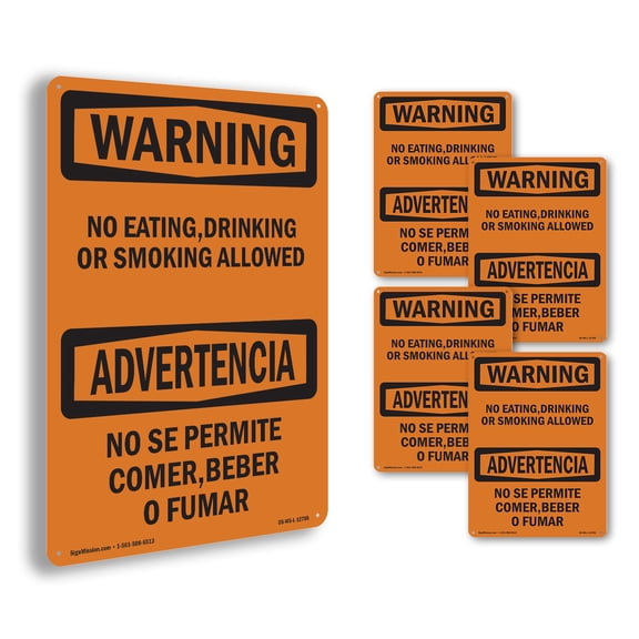 No Eating Drinking Or Smoking Bilingual OSHA WARNING Rigid Plastic Sign 10 Inch x 7 Inch - 5 Pack