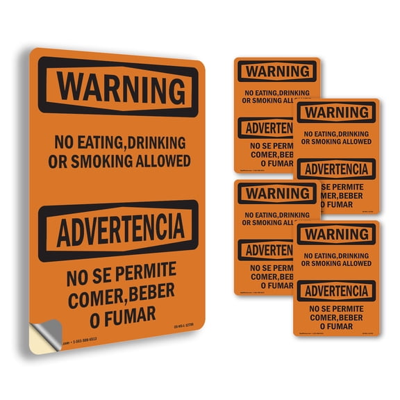 No Eating Drinking Or Smoking Bilingual OSHA WARNING Vinyl Decal Label 5 Inch x 3.5 Inch - 5 Pack