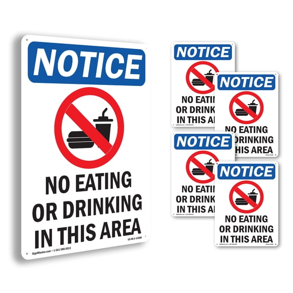 No Eating Or Drinking OSHA Notice Rigid Plastic Sign 10 Inch x 7 Inch - 5 Pack