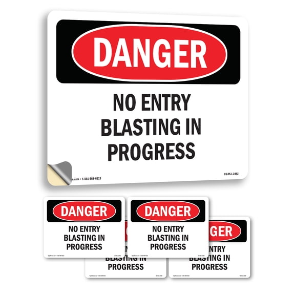 No Entry Blasting In Progress OSHA Danger Vinyl Decal Label 7 Inch x 5 Inch - 5 Pack