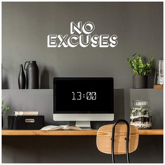 No Excuses Shadow Motivational Vinyl Lettering Wall Decal Sticker Home Gym Decals Decor Size: 8" H x 22" L - Color: White