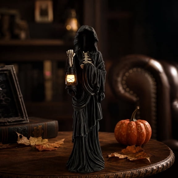 No Face Grim Reaper Lantern Decor, Resin LED Light Up Skeleton Statue, Gothic Halloween Desktop Ornament for Spooky Home Party Display
