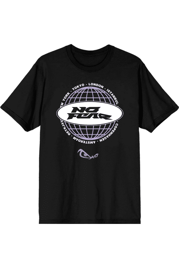 No Fear Lavender Grid Globe With Logo Adult Black Crew Neck Short Sleeve Tee-3XL