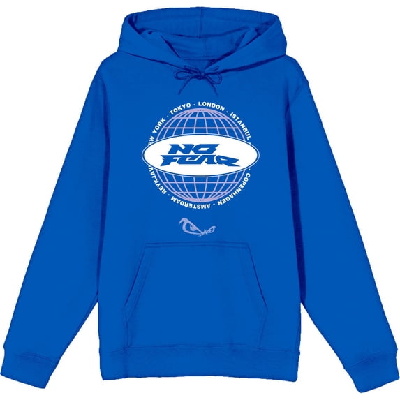 No Fear Lavender Grid Globe With Logo Adult Blue Long Sleeve Hoodie-Large