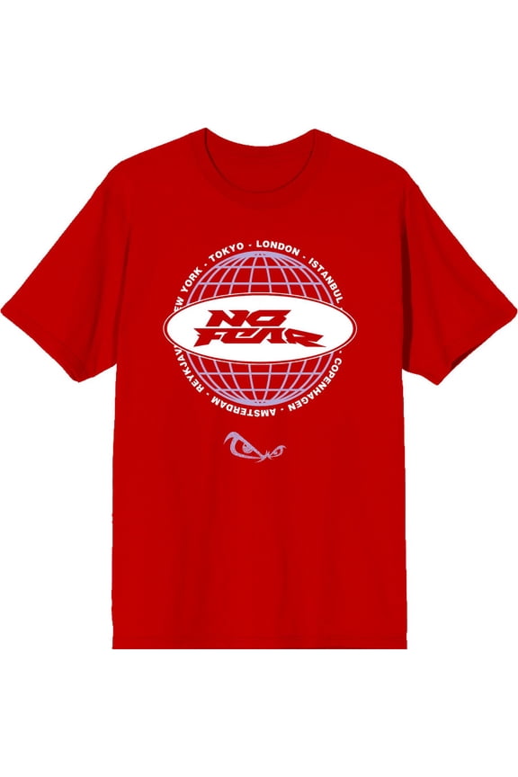 No Fear Lavender Grid Globe With Logo  Adult Red Crew Neck Short Sleeve Tee-Large