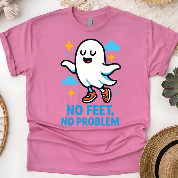 No Feet No Problem Ghost Graphic Tee | Funny Cute T-Shirt for Women, Heliconia, Size L
