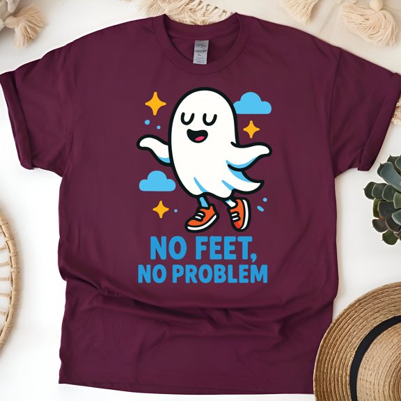 No Feet No Problem Ghost Graphic Tee | Funny Cute T-Shirt for Women, Maroon, Size M
