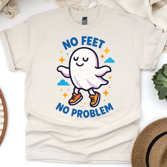 No Feet No Problem Shirt | Funny Ghost Graphic Tee | Unisex Casual T-Shirt, Natural, Size M