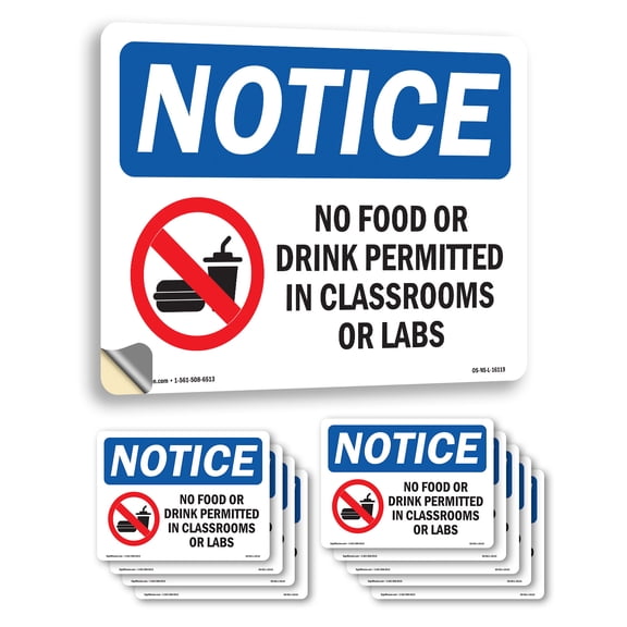 No Food Drink In Classrooms Or Labs OSHA Notice Vinyl Decal Label 7 Inch x 5 Inch - 10 Pack