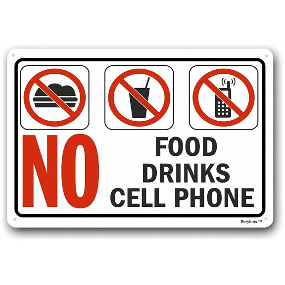 No Food/Drink No Cell Phone Sign - 8"x12" Metal Sign, Garage, Work, Office Wall Decor for Workplace, Break Room