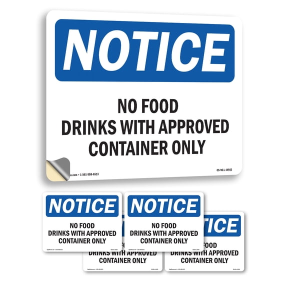 No Food Drinks With Approved Container Only OSHA Notice Vinyl Decal Label 5 Inch x 3.5 Inch - 5 Pack