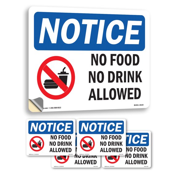 No Food No Drink Allowed OSHA Notice Vinyl Decal Label 18 Inch x 12 Inch - 5 Pack