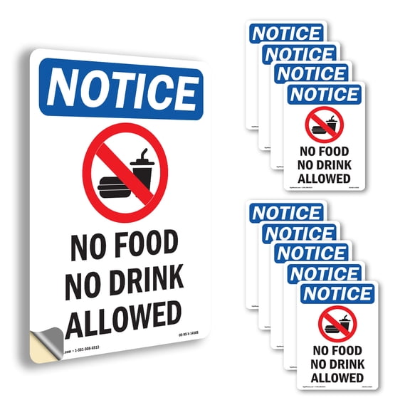 No Food No Drink Allowed With Symbol OSHA Notice Vinyl Decal Label 5 Inch x 3.5 Inch - 10 Pack