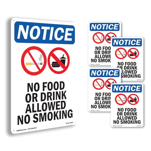 No Food Or Drink Allowed OSHA Notice Rigid Plastic Sign 18 Inch x 12 Inch - 5 Pack