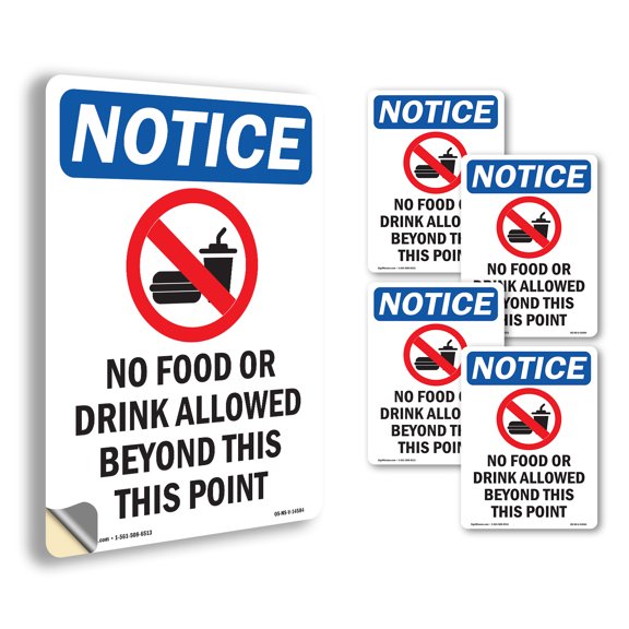 No Food Or Drink Allowed With Symbol OSHA Notice Vinyl Decal Label 7 Inch x 5 Inch - 5 Pack