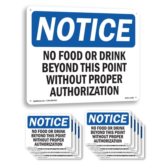 No Food Or Drink Beyond This Point Without OSHA Notice Aluminum Sign 10 Inch x 7 Inch - 10 Pack