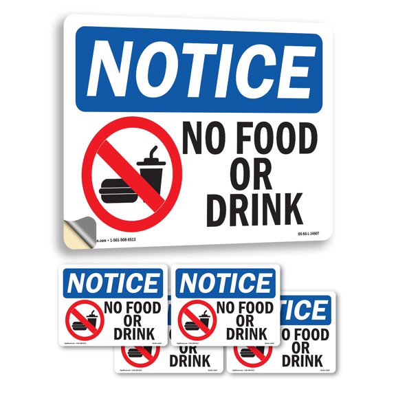 No Food Or Drink With Symbol OSHA Notice Vinyl Decal Label 7 Inch x 5 Inch - 5 Pack