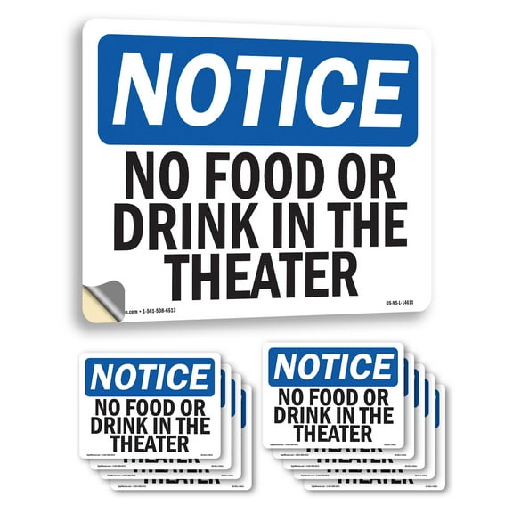 No Food Or Drinks In The Theater OSHA Notice Vinyl Decal Label 14 Inch x 10 Inch - 10 Pack