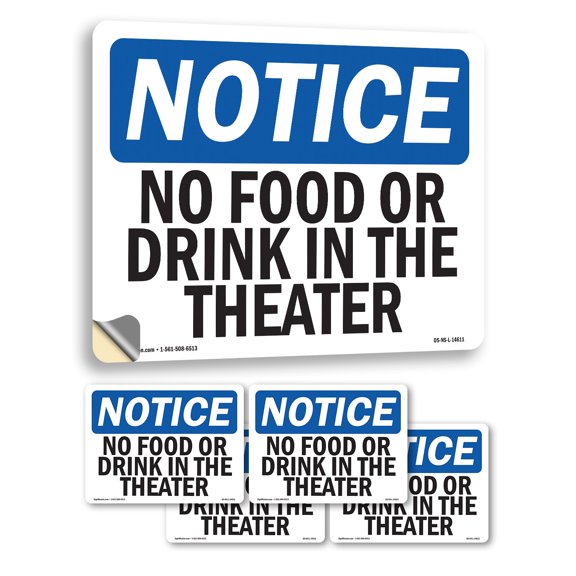 No Food Or Drinks In The Theater OSHA Notice Vinyl Decal Label 5 Inch x 3.5 Inch - 5 Pack