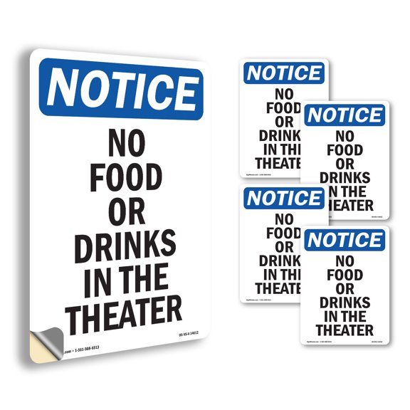 No Food Or Drinks In The Theater OSHA Notice Vinyl Decal Label 5 Inch x 3.5 Inch - 5 Pack