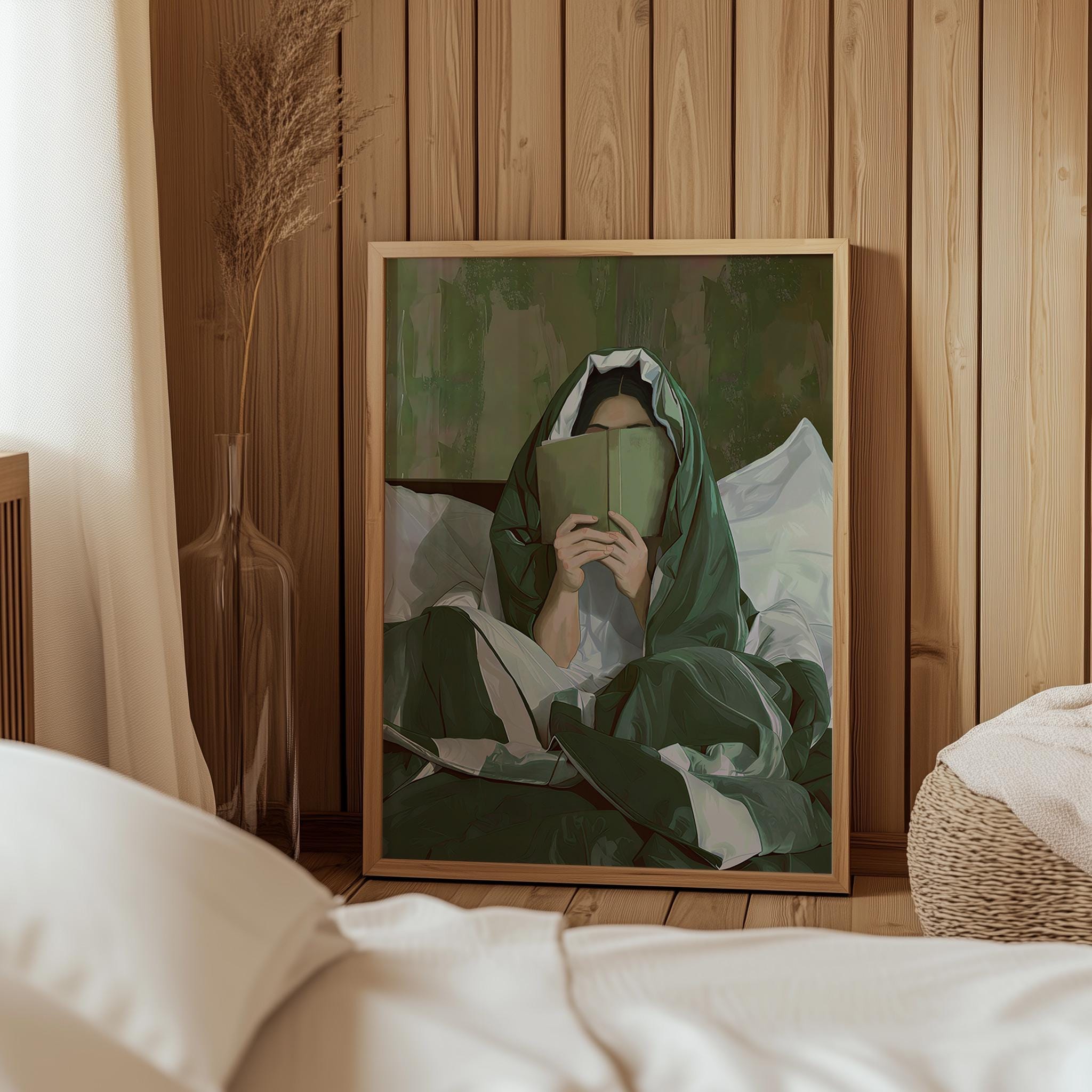 (No Frame) Reading Woman Emerald Green Wall Art Large Abstract People ...