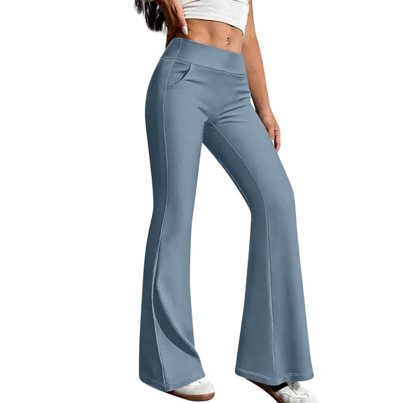 No Front Seam High Waisted Flare Leggings for Women Bootcut Yoga Pants Soft Blue L