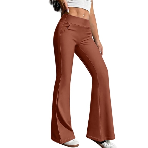 No Front Seam High Waisted Flare Leggings for Women Bootcut Yoga Pants Soft Brown M
