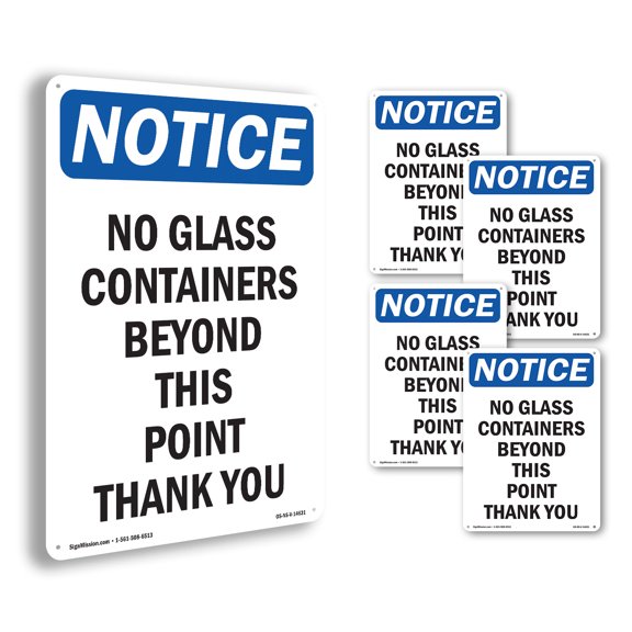 No Glass Containers Beyond This OSHA Notice Aluminum Sign 18 Inch x 12 Inch - 5 Pack