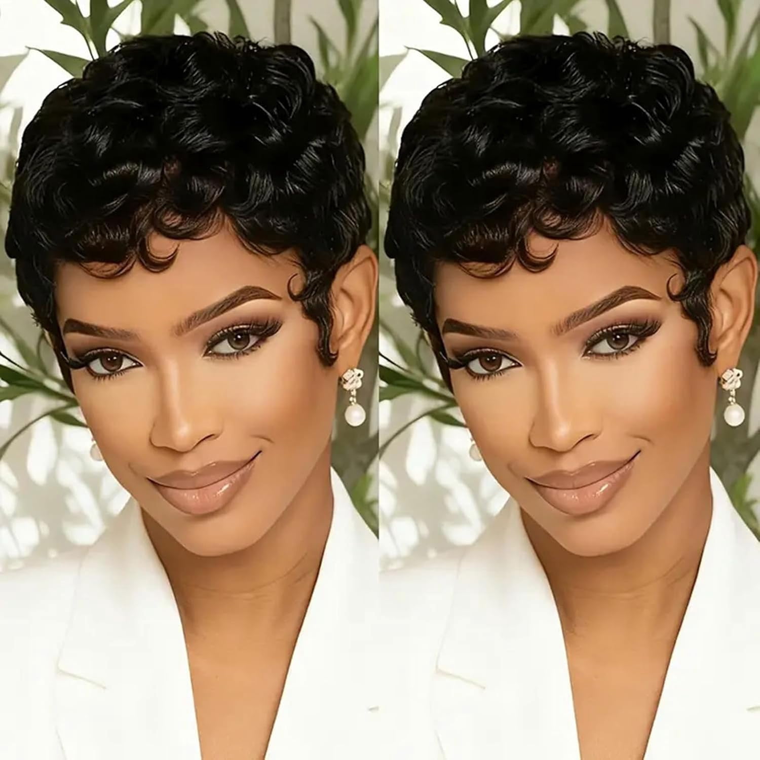 No Glue Pixie Cut Wigs for Black Women Brazilian Curly Human Hair Glueless Short Layered Wigs With Bangs Natural Black Daily Wig