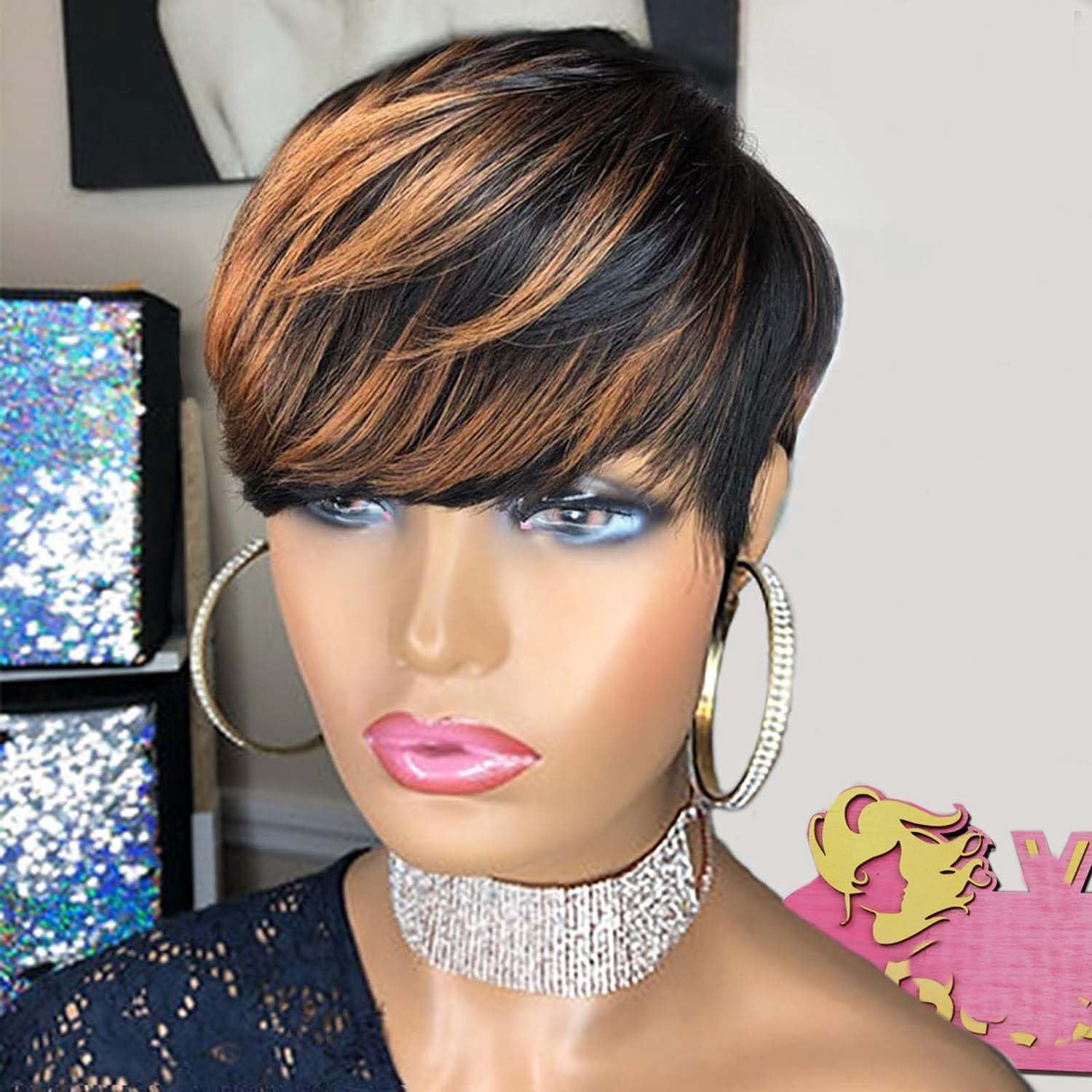 No Glue Pixie Cut Wigs for Black Women Brazilian Curly Human Hair Glueless Short Layered Wigs With Bangs Natural Black Daily Wig