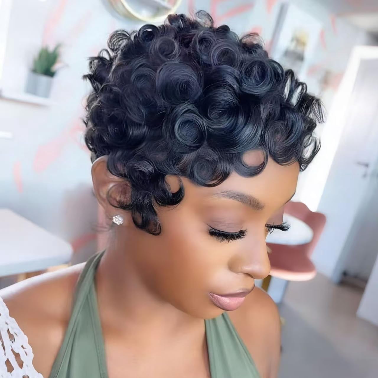 No Glue Pixie Cut Wigs for Black Women Brazilian Curly Human Hair Glueless Short Layered Wigs With Bangs Natural Black Daily Wig