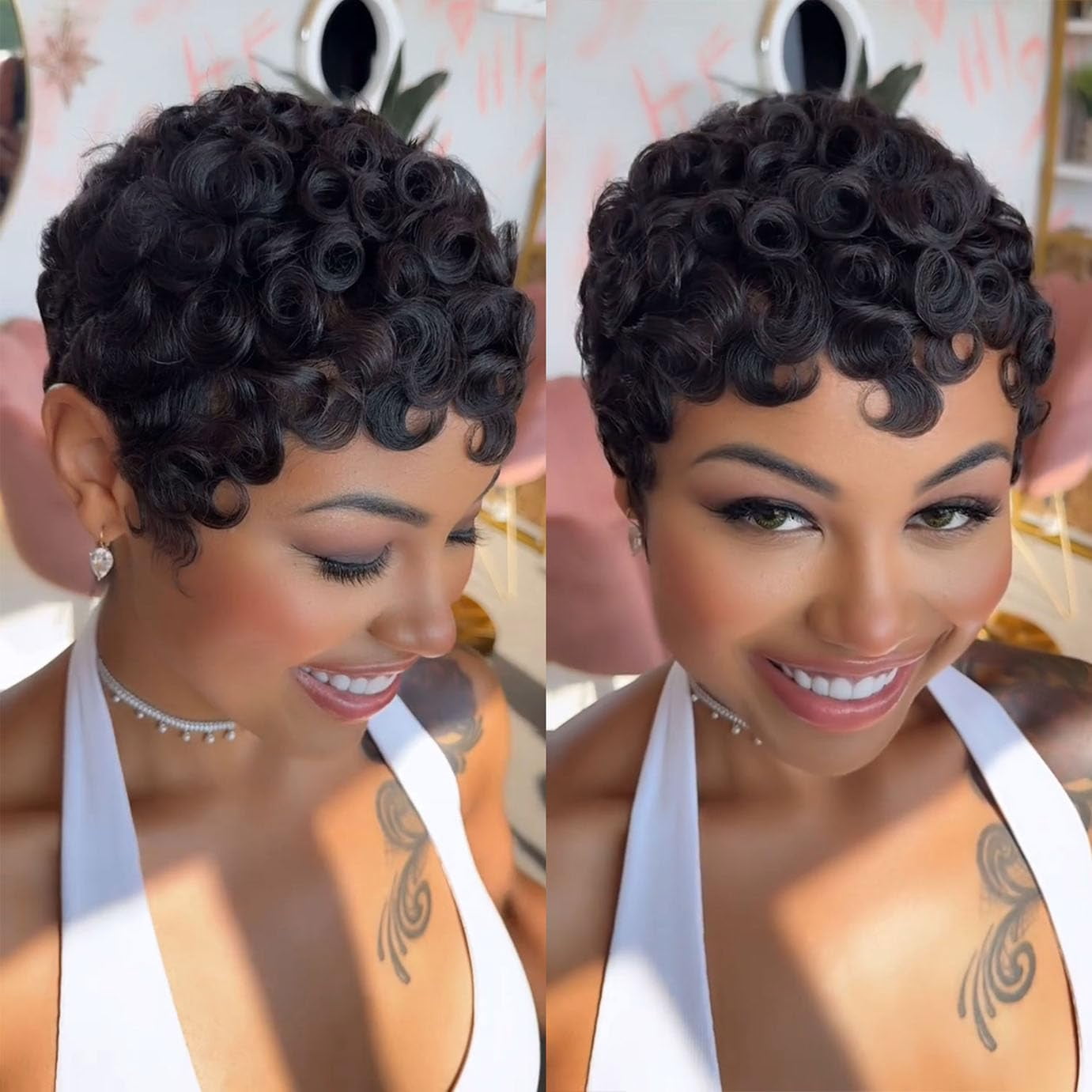 No Glue Pixie Cut Wigs for Black Women Brazilian Curly Human Hair Glueless Short Layered Wigs With Bangs Natural Black Daily Wig