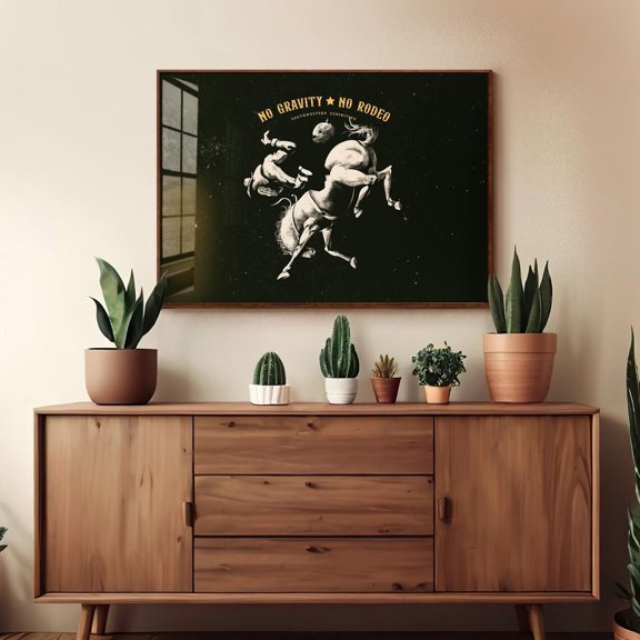 No Gravity Rodeo Space Cowboy Print Monochrome Southwestern Artwork Sci Fi Ranch Decor Surreal Space Illustration