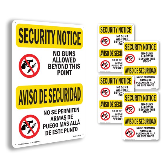 No Guns Allowed Bilingual OSHA Security Notice Rigid Plastic Sign 10 Inch x 7 Inch - 5 Pack