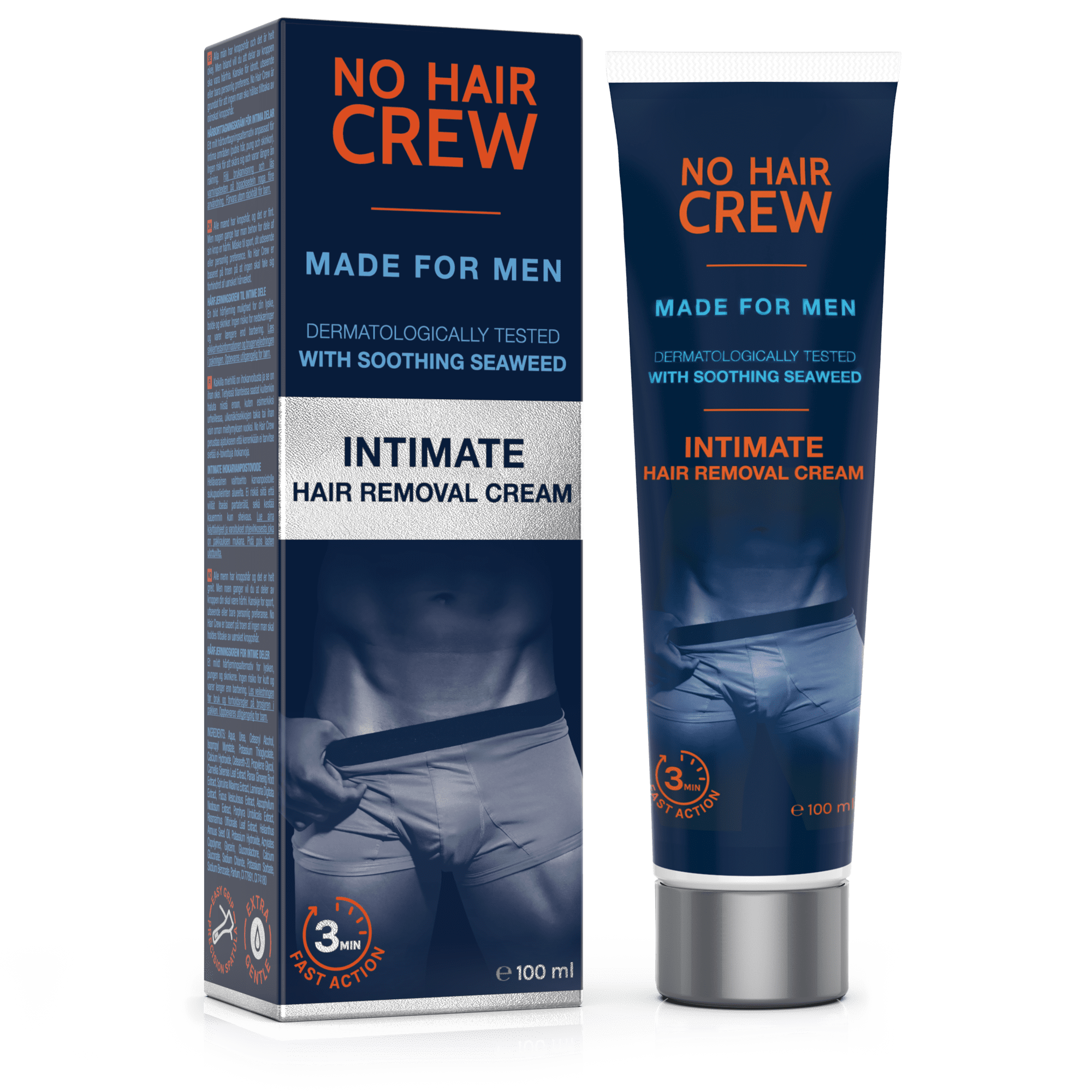 No Hair Crew Intimate/Private At Home Hair Removal Cream for Men - Painless, Flawless, Soothing Depilatory for Unwanted Coarse Male Body Hair, 100ml