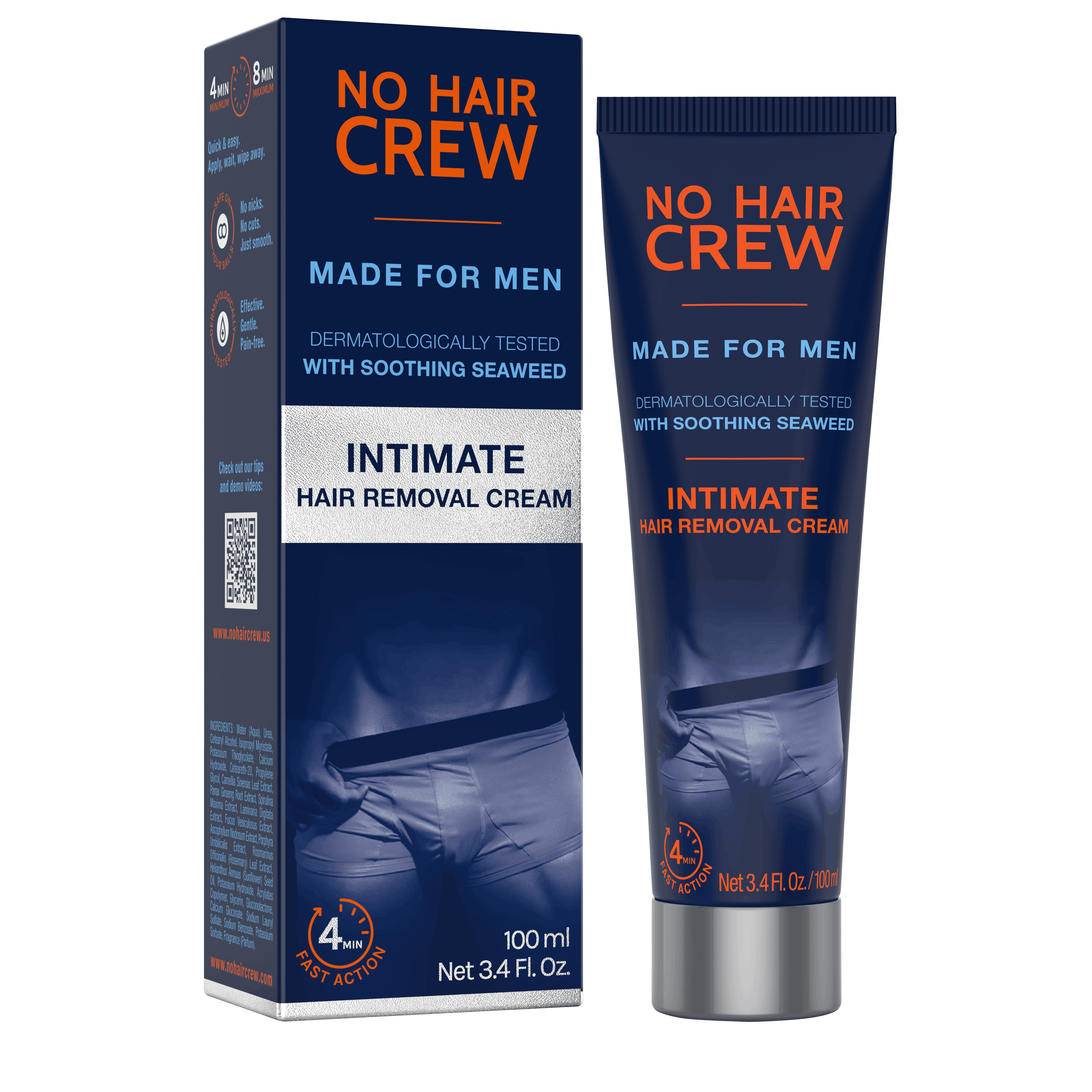 No Hair Crew Intimate/Private At Home Hair Removal Cream for Men - Painless, Flawless, Soothing Depilatory for Unwanted Coarse Male Body Hair, 100ml